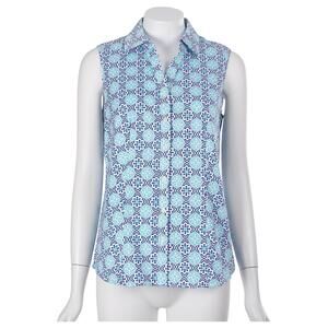 Charter Club Top Size 6 Blue Geometric Print Sleeveless Button-Up Cotton Stretch